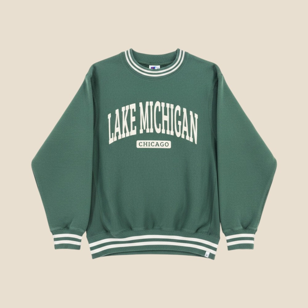 Vineyard Crew Lake Michigan Chicago Sweatshirt Green Striped Trim Small A6066